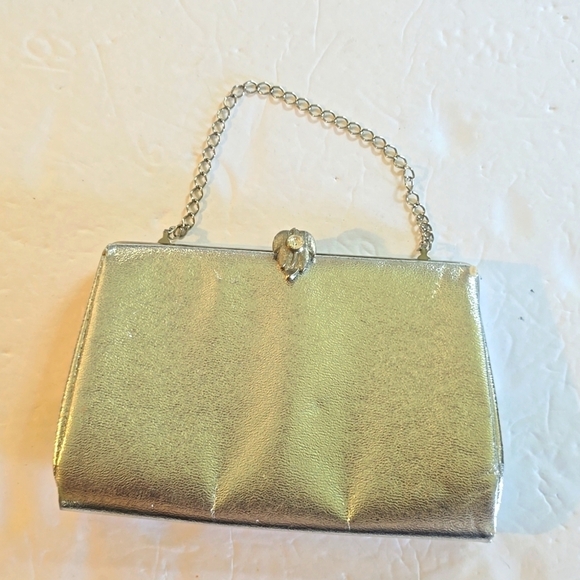 Vintage Silver Clutch bag W/ Strap Minimalist Neutral Evening Bag Large - Picture 1 of 11
